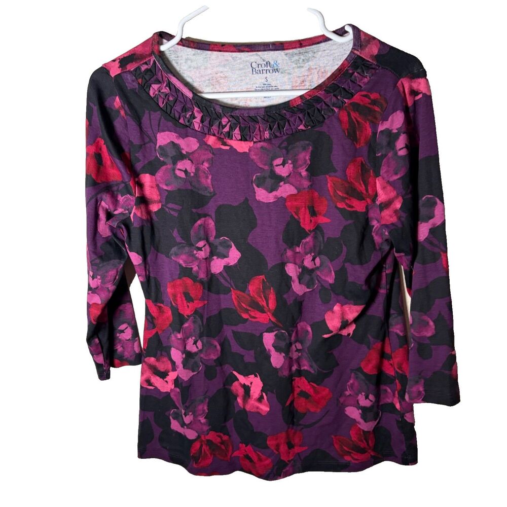 Croft & Barrow T-Shirt Women's Small Purple Floral 3/4 Sleeve Cotton Top Shirt